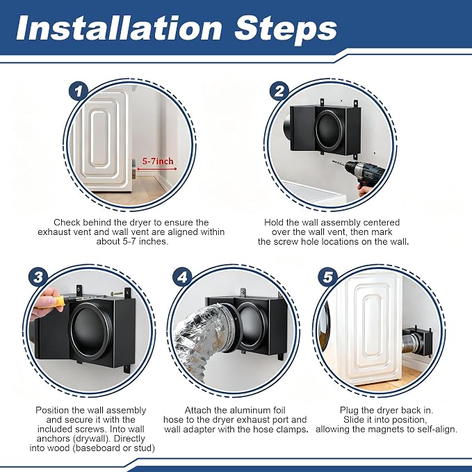 Magnetic Dryer Vent Connector Kit, 90 Degree Magnetic Dryer Vent Strong Magnet Dryer Vent Adapter Airtight Seal Quick Connect Disconnect Easy to Clean Flexible Hose 4" Exhaust Duct with Clamp Screws