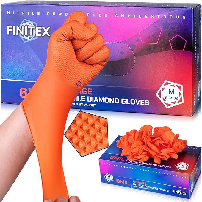 FINITEX Industrial Diamond Texture Nitrile Orange Glove - 100/1000PCS Chemical Resistant 6.3mil Mechanic Disposable Gloves