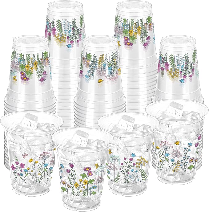 100 Pcs Wildflower Plastic Cups 12 oz Floral Party Cups Vintage Floral Drinking Cup Flower Spring Summer Disposable Cup for Spring Groovy Party Wildflower Baby Shower Birthday Supplies
