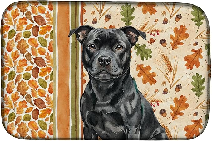 Caroline's Treasures Black Staffordshire Bull Terrier Heirloom Fall Dish Drying Mat Absorbent Dish Drying Mat Pad for Kitchen Counter Dish Drainer Mat for Countertop, 14 x 21", Multicolor
