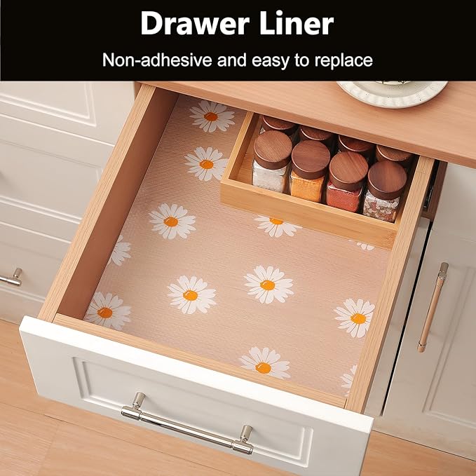 INNOLITES Shelf Liners for Kitchen Cabinets – Drawer Liner Waterproof & Oil-Proof, Non-Adhesive EVA with Floral Pattern – Durable Washable, Easy to Clean (Clean Daisy, 17.5" x 78.7")
