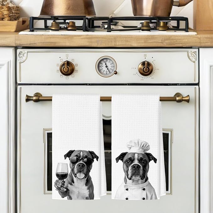 Funny Boxer Kitchen Towels Set of 2, Dog Kitchen Bar Accessories, Dog Chef Gifts for Women Decorative Hand Towels for Kitchen Decor, Boxer Lovers Dish Tea Towel, 16x24 Inch