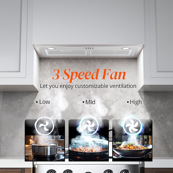 FIREGAS Range Hood 28 Inch, Built-in Stainless Steel Kitchen Vent Hood with 450 CFM, 3 Speed Exhaust Fan, 2 LED Lights & Button Control, Ducted/Ductless Convertible