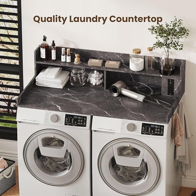 Upgraded 2-Tier Washer and Dryer Countertop with Power Outlet,54" W x 27.6" D Large Laundry Countertop for Fold Clothes, Laundry Topper with Non-Slip Pads & Metal Hooks and Storage Basket