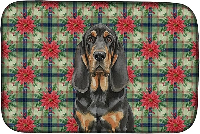 Caroline's Treasures Black and Tan Bloodhound Christmas PoinsettIas Dish Drying Mat Absorbent Dish Drying Mat Pad for Kitchen Counter Dish Drainer Mat for Countertop, 14 x 21", Multicolor