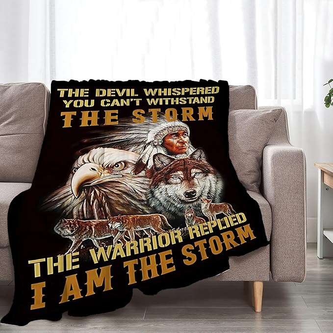 jerkboo Native American Blanket Throws Indian Blanket Wolf Eagle Throw Blanket for Men Women Kids Adults Soft Warm Cozy Fleece Blanket for Couch Sofa Bed 80""x60""