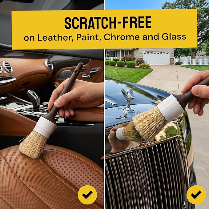 Detail Dudes Car Detailing Brush Set 9-pc - Boars Hair Brushes Plus Wheel Cleaner, Tire Brush and Dressing Applicator - Car Cleaning Kit for Leather Seats, Dashboards, Wheels, Grills and Paint