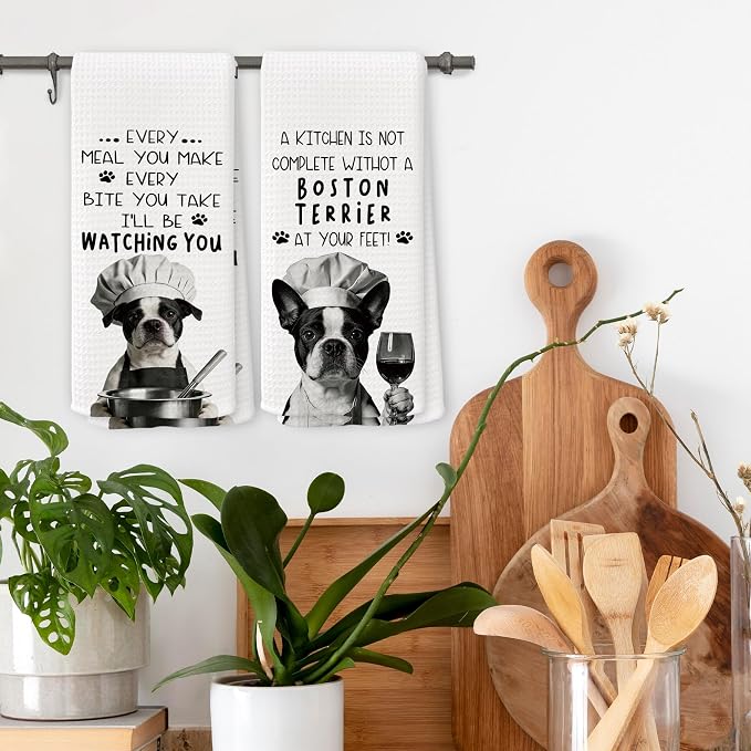 Funny Boston Terrier Dog Kitchen Towels 16x24 Inch Set of 2 | Boston Terrier Gifts for Women Men Dish Tea Towels for Kitchen, Dog Lover Mom Dad Owner Gifts Decorative Hand Towel