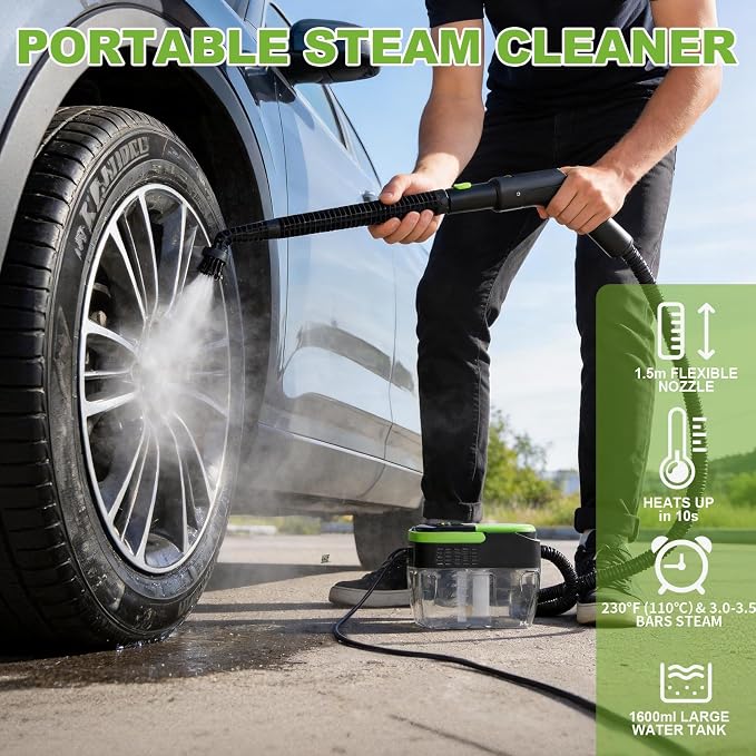 1500W Portable Steam Cleaner,10s Heat-Up,3-Level Adjustable Handle, 1.69 Quarts Large Tank,11 Pcs Accessories, Heavy Duty Steamer for Home Dirt, Grout, Floor, Grease,and Car Detailing