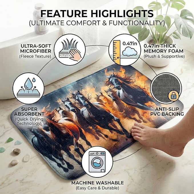 WODEJIA Non Slip Bath Rugs Sponge Foam for Bathroom,Flannel Mat Rug for Living Room, Absorbent MatS for Forlaundry Room and Kitchen,Galloping Steed Welcome Mat 24x16 Inches