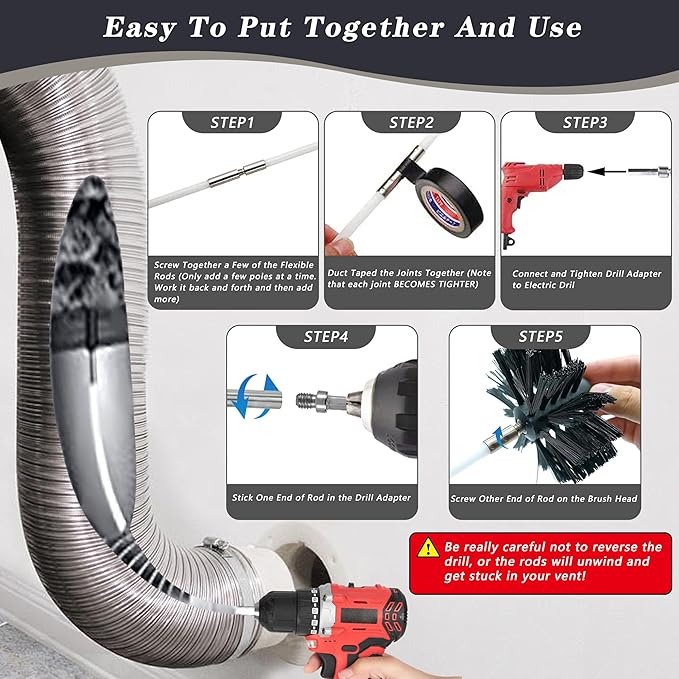 Chimney Sweep Kit Chimney Brush Kit Chimney Cleaning Kit, 16FT Dryer Vent Cleaner Kit Duct Cleaning Tools, Dryer Vent Cleaning Kit Fireplace Chimney Brushes-12pcs Flexible Rods, 2pcs 6in Chimney Brush