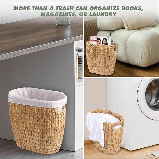 BLUEWEST 3.5 Gallons Wicker Trash Can, Wicker Rattan Bathroom Trash Can with Built-in Handle, Large Handwoven Hyacinth Waste Bin for Office, Bedroom, Living Room, and Kitchen