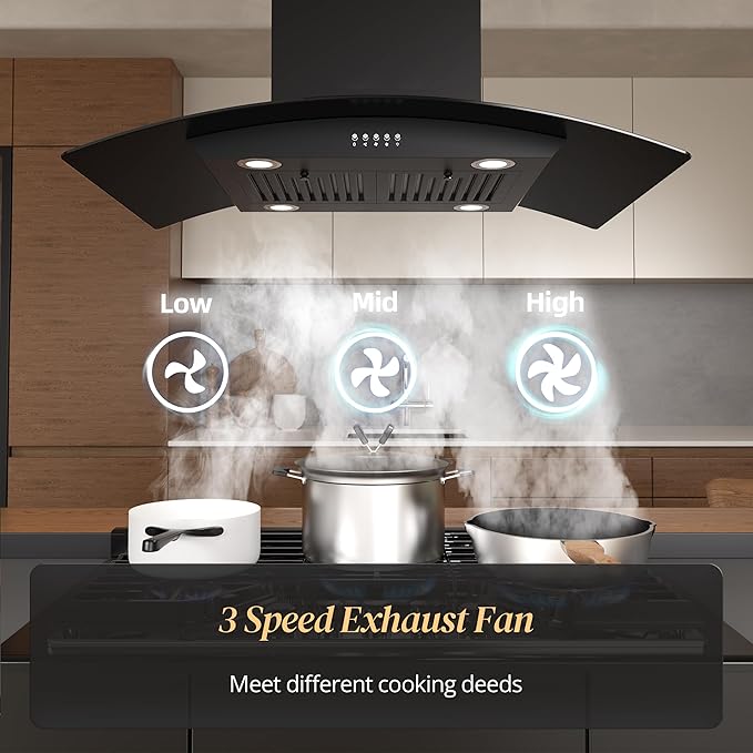 FIREGAS 36 inch Island Range Hood 700 CFM, Ducted/Ductless Convertible Stove Hood3-Speed Fan, LED Lights, Button Control Ceiling Mount Range Hood Vent for Kitchen
