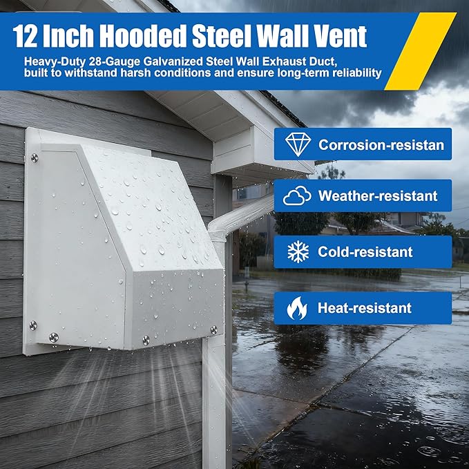 12 Inch Wall Vent Hood Exhaust Vent Cap Dryer Vent Cover with Screen and Damper, Galvanized Steel Outdoor Hooded Wall Vent for Dryer Bathroom Industrial Facilities Ventilation and Air Exhaust, White