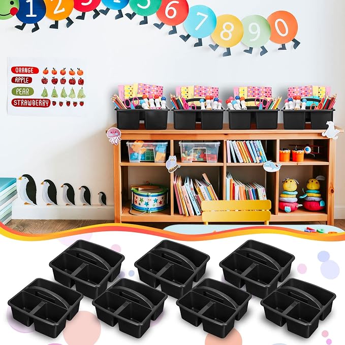 Geelin 24 Pack Classroom Caddy Bulk, Plastic Storage Caddy with Handle and 3 Compartments, Stackable Art Supply Caddies Organizer(Black)