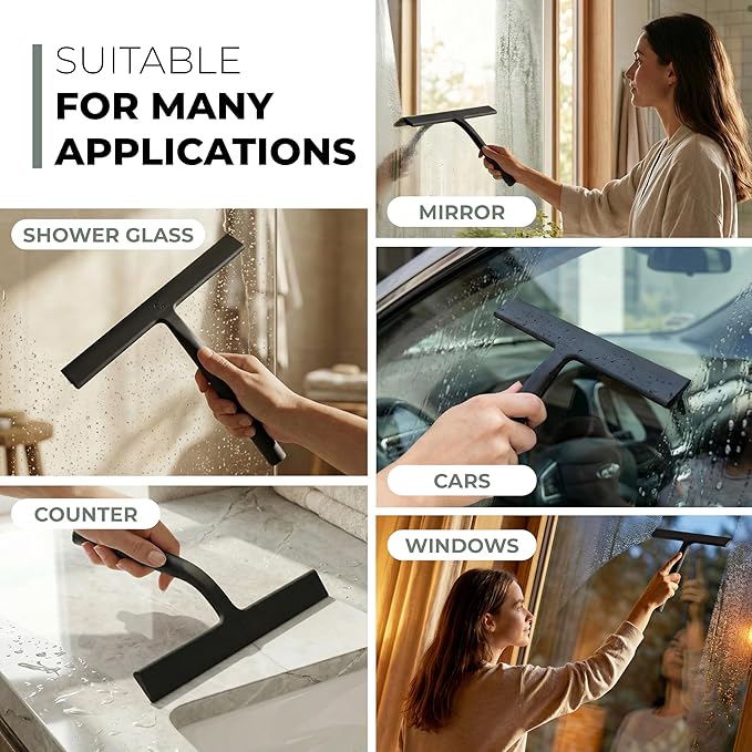 GÜTEWERK Silicone Shower Squeegee for Glass Doors & Mirrors with Stainless Steel Core, Streak-Free & No-Squeak Window Cleaning, 3-in-1 No-Drill Mount (Hook/Suction/Adhesive),Black, 11 Inches