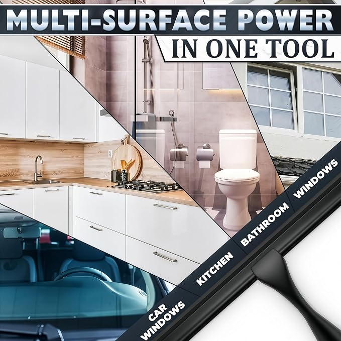 Shower Door Squeegee with Hook - 14" Silicone Blade, Stainless Steel Black Squeegee for Shower Glass with Adhesive Mount - All-Purpose Bathroom Tile, Mirror, & Window Wiper for Streak-Free Cleaning
