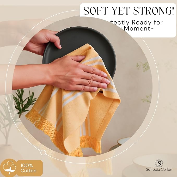 Stripe Dish Towels 12 Pack, 16x26 Inches, Multi-Color Tea Towels, Quick Dry Rags for Cleaning, Absorbent and Washable Wipes, Durable Dish Cloths Set - Light Grey, Mustard Yellow, Rust