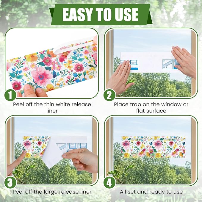 100 Pack Window Fly Traps Floral Fly Strips Indoor Sticky Flies Paper Bulk Bug Catcher Waterproof Fruit Housefly Gnat Trap for Home, Kitchen, Garage