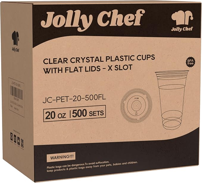 JOLLY CHEF 500 Pack 20 oz Clear Plastic Cups with Flat Lids, Disposable Iced Coffee Cups, Premium Crystal Smoothie Cup for Party, Cold Drinks, Juice, Wedding, Christmas, Birthday, Halloween, Party
