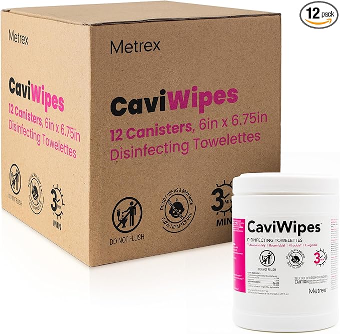 Metrex CaviWipes Disinfecting Towelettes – Durable Non-Woven Disinfecting Wipes for Hard, Non-Porous Surfaces in Healthcare & Laboratory Settings, Pre-Saturated with CaviCide – 160 Wipes (Pack of 12)