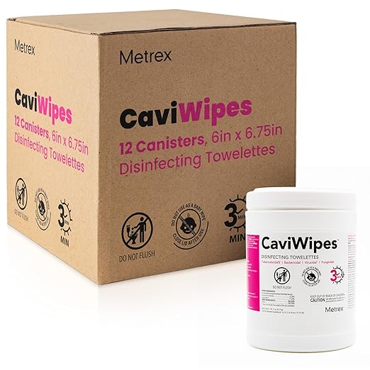 Metrex CaviWipes Disinfecting Towelettes, Pack of 12 – Durable Non-Woven Disinfecting Wipes for Hard, Non-Porous Surfaces in Healthcare & Laboratory Settings – Pre-Saturated with CaviCide, 13-1100