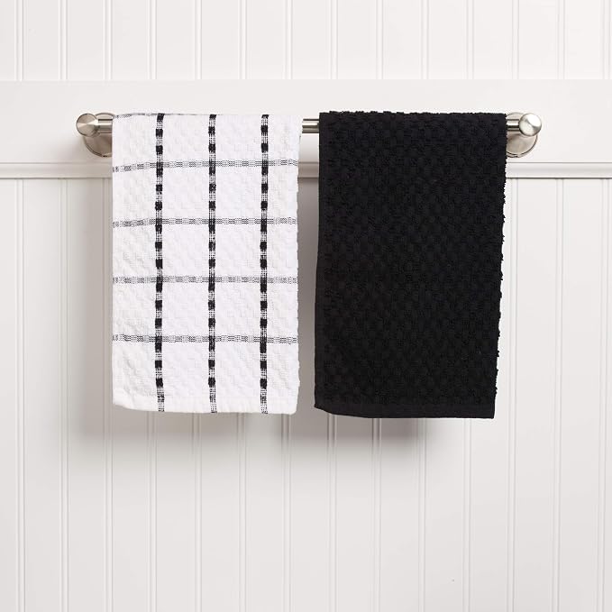 Kitchen Towels - Dish Towels and Dish Cloths - Hand Towel and Dishcloths Sets - 100% Soft Ring Spun Combed Cotton - Great for Cooking in Kitchen or Household Cleaning - Size 15" x 25" (Black, 12)