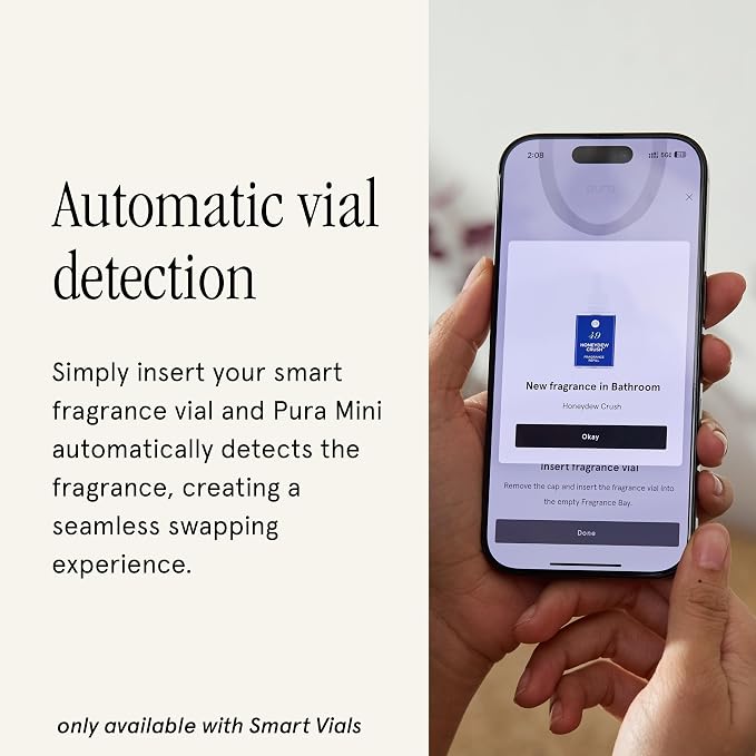 Pura Home Mini Fragrance Diffuser for Small Spaces Adjustable Smart Home Device with LED Light & Automatic Vial Detection - Includes 1 Scent Refill - White Tea no.1