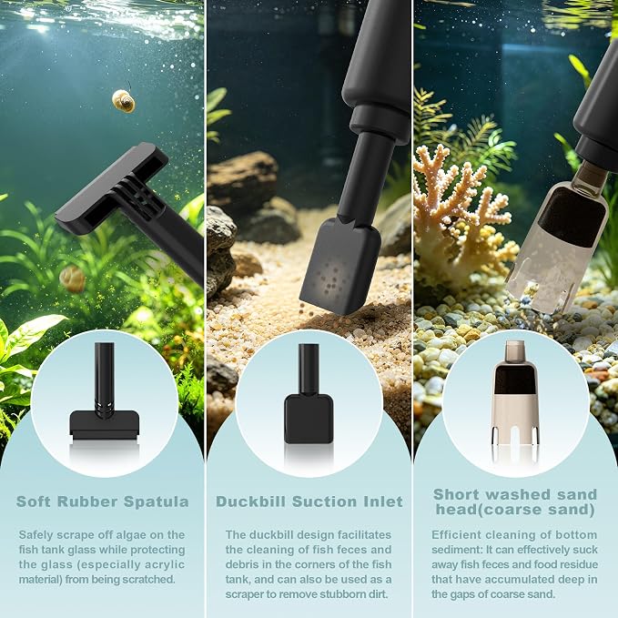 Electric Aquarium Vacuum Gravel Cleaner for 10-100 Gal, 6 in 1 Automatic Fish Tank Cleaning Tool with Adjustable Flow Handle & Sock Filter, Gravel Vacuum For Aquarium DC-24V Strong Suction Quiet Pump | One handed sand washing | Internal circulation fil...
