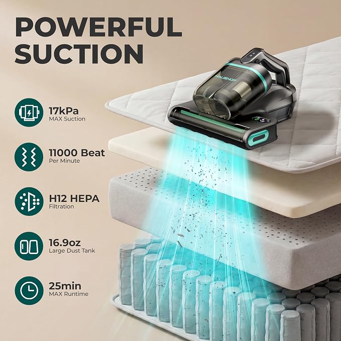 HAUSHOF Cordless Mattress Vacuum Cleaner, Bed Vacuum Cleaner with 275nm UVC Light, 17kPa, 140°F Heat, H12 HEPA Filter, 16.9oz Dual Cup, Vacuum for Couch, Bed, Furniture, Mattress Cleaning