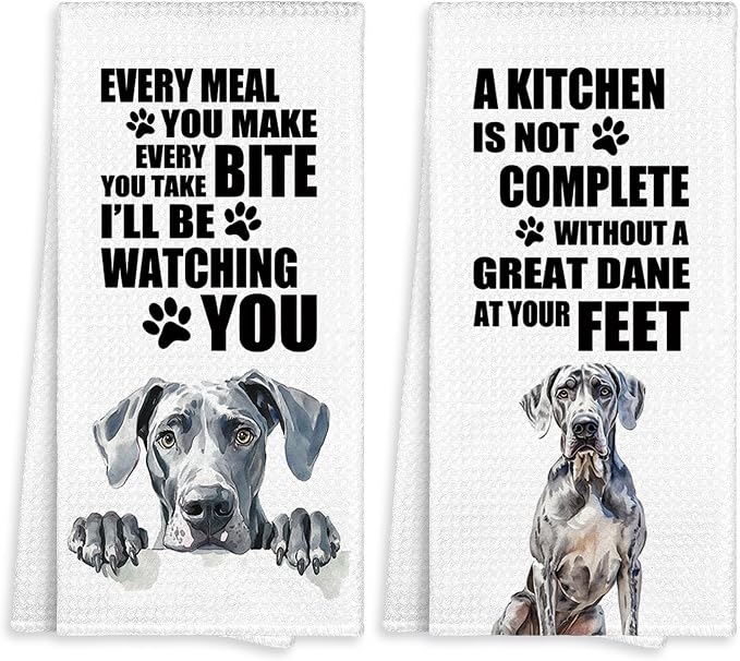 Great Dane Kitchen Towel Gifts for Dog Lovers Decorative Set of 2, Great Dane Dish Towels Dishcloths Tea Towels, Dog Waffle Weave Microfiber Hand Towel for Kitchen Bathroom Decor 16x24