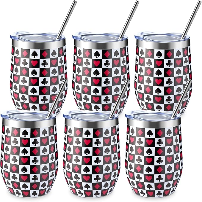 LemonRoad 6 Pcs Casino Gifts for Men Women Poker Lover Casino Tumbler Cup with Lid and Straw 12 oz Stainless Steel Wine Tumbler Party Supplies for Las Vegas Poker Night Wedding Birthday Favors
