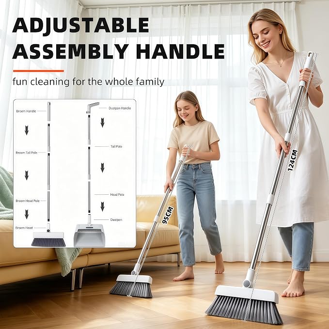SDSM 4 in 1 Multifunctional Broom and Dustpan Combo Set, Heavy Duty Brooms with 52" Long Handle, with Squeegee and Cleaning Brush, for Clean Home Kitchen Bathroom Office, Sweeping indoor Outdoor Floor
