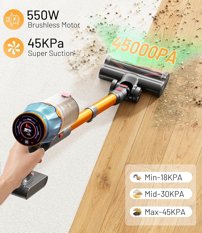 KARDV Cordless Vacuum Cleaner, 45Kpa/550W Stick Vacuum with Touch Screen, Max 65Mins Vacuum Cleaners for Home, Upgraded Green Light & Anti-Tangle Wireless Vacuum for Pet Hair/Carpet/Hardwood Floor