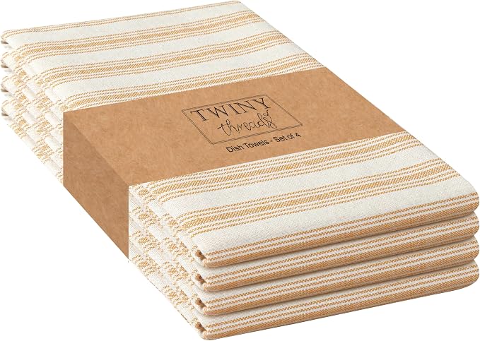 Twiny Threads Set of 4 Farmhouse Stripe Kitchen Towels (18x26 Inches) Premium Tea Towel with Hanging Loop, Highly Absorbent 100% Cotton Bulk Kitchen Hand Cloth for Drying, Cleaning - Mustard Yellow