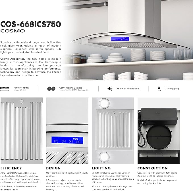 COSMO COS-668ICS750 30 in. Lumin Collection 380 CFM Ducted Island Range Hood, Soft Touch Controls, LED Lights, Stainless Steel