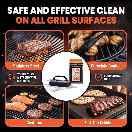 Proud Grill Q-Swiper BBQ Grill Cleaner Set - 1 Grill Brush with Scraper and 25 BBQ Grill Cleaning Wipes, Bristle-Free & Wire-Less, Safe Way to Remove Grease and Grime for A Clean and Healthy Grill