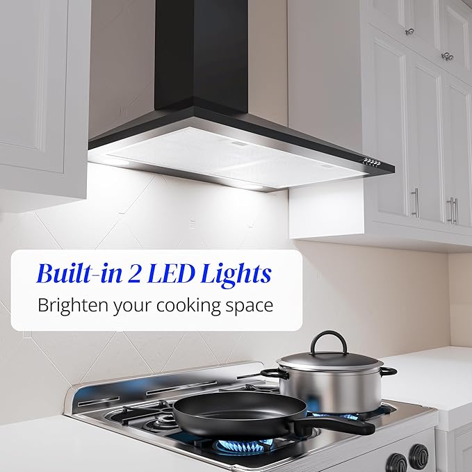 FIREGAS Black Range Hood 30 inch, Wall Mount Range Hood with LED Lights, 3-Speed Exhaust Fan, Ducted/Ductless Convertible, Aluminum Mesh Filters, Button Control, Black Kitchen Hood