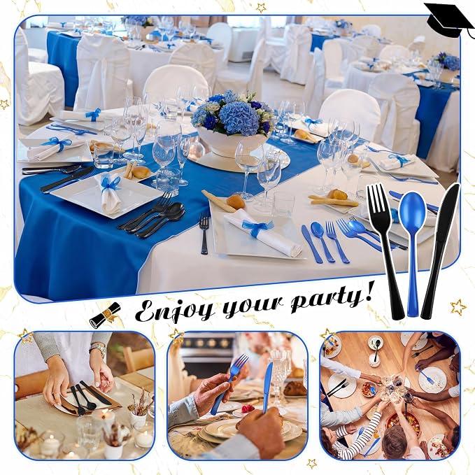 Minatee 180 Pcs Black and Blue Graduation Plastic Silverware Heavy Duty Cutlery Sets Disposable Utensils for Holiday Birthday Themed Party Supplies, 60 of Each Forks Knives Spoons