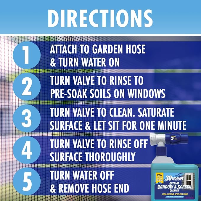 30 SECONDS Outdoor Window & Screen Concentrated Cleaner for Glass, Patio Doors, Fiberglass, Furniture - No Screen Removal Required, Spray & Rinse - Hose End Spray Attachment (5 PACK)