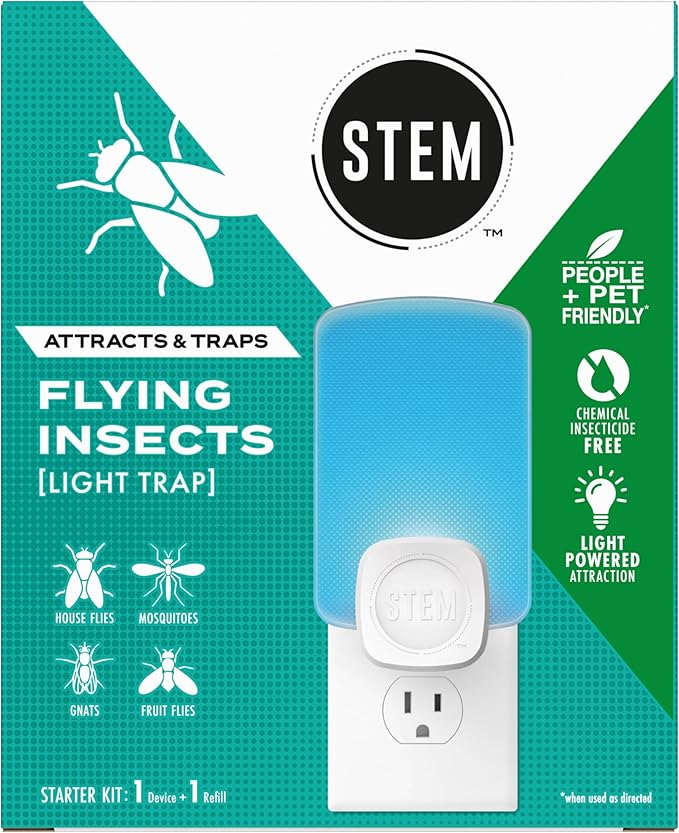 STEM Flying Insect Trap - Indoor Fruit Fly & Gnat Catcher for Home,Kitchen & Any Room,Attracts-& Traps Bugs,Soft Blue UV Light - Includes 1 Plug-in Device-& 1 Cartridge,(Pack of 4)