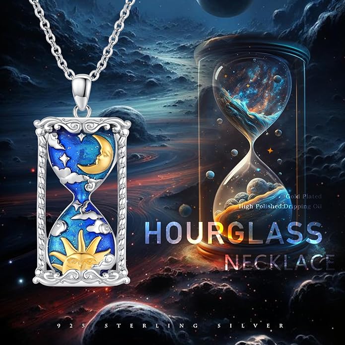 Hourglass Necklace 925 Sterling Silver Sun Moon Star Time Hourglass Pendant Necklaces Blue Memorial Jewelry for Women With 18+2 In Chain