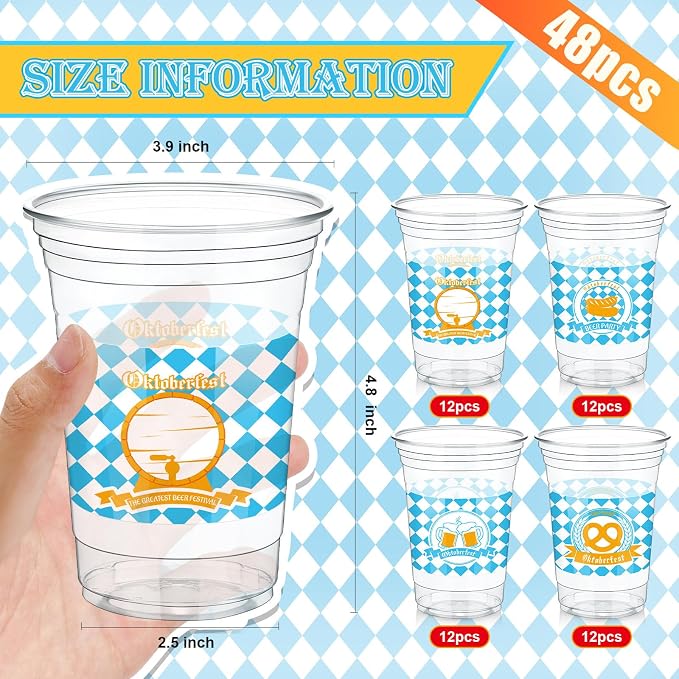 Jingmore 48 Pcs 12 oz Oktoberfest Clear Plastic Cups Oktoberfest Disposable Cups for Cold Hot Drinking Party Supply Festival Cups Beer Water Container for Beer Festival Carnival Party Favor