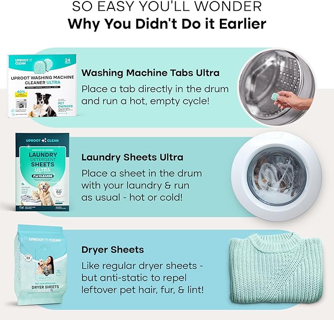 Uproot Clean Washing Machine Cleaner Tablets Ultra, Laundry Sheets Ultra, & Anti-Static Dryer Sheets Set: Deep-Clean Your Laundry Machine, Dissolve Odors & Residue, Repel Fur - Family & Pet Safe