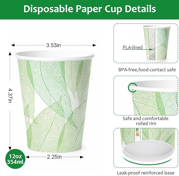 12oz 240Count Compostable Paper Cups, Plant-Based Disposable Coffee Cups with PLA Lining, Perfect for Hot & Cold Drinks, Coffee, Party, Office & Daily Use