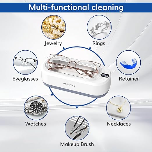 KUNPHY Upgraded Sonic Jewelry Cleaner & 120ml Sonic Cleaner Solution, 12oz (350ML) 48KHz Professional Sonic Cleaner Machine with Digital Timer and One-Touch Operation for Eyeglass, Watches, Ring