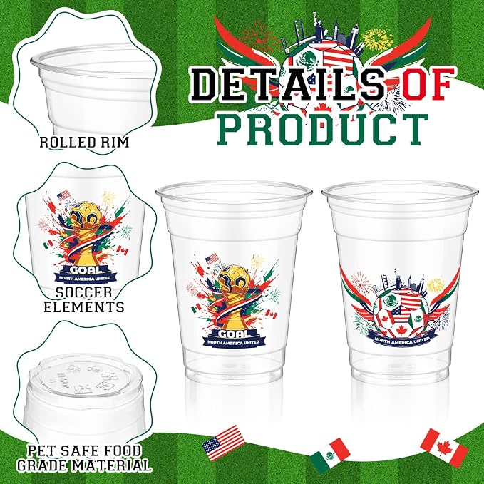 Jingmore 100 Pcs Soccer Plastic Cups 12 oz International Countries Soccer Disposable Plastic Cups Thick Clear Drinkware for Sports Games Party Supplies (Goal Trophy)