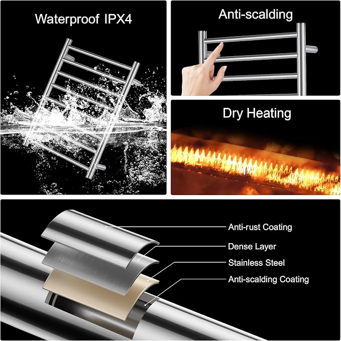 Towel Warmer Bathroom Wall Mounted Drying Rack Plug-in Electric Heated Towel Rack Stainless Steel (Brushed, 8 Bar)