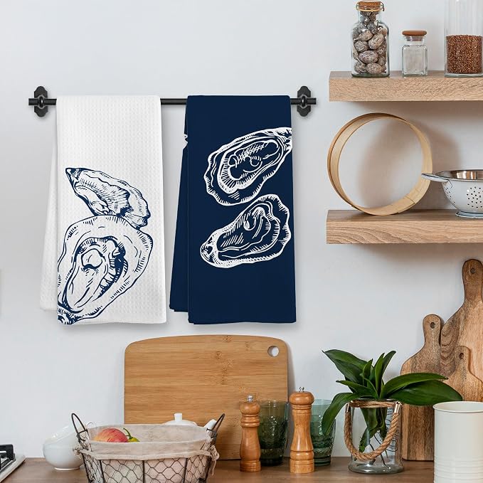 Coastal Oyster Beach Decor Dish Hand Tea Towels for Bathroom Kitchen, Oyster Shell Ocean Beachy Bathroom Decor Gifts, Navy Blue Nautical Summer Kitchen Towels and Dishcloths Sets of 2,16x24in
