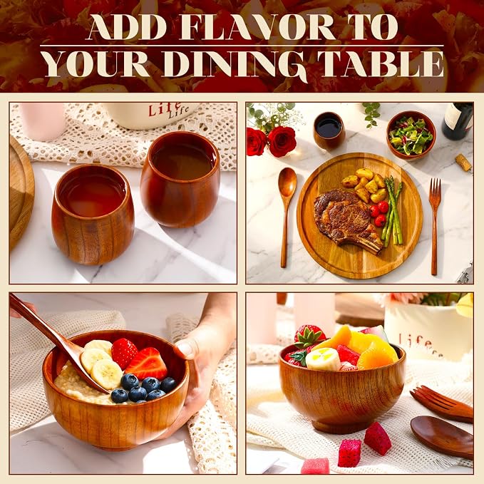 20 Pcs Acacia Wood Dinnerware Set 11.6 Inch Round Wooden Plates Bowls Tea Cups Fork Spoons Acacia Wood Tableware Supplies Easy Cleaning Lightweight for Dishes Snack Dessert, 4 Set